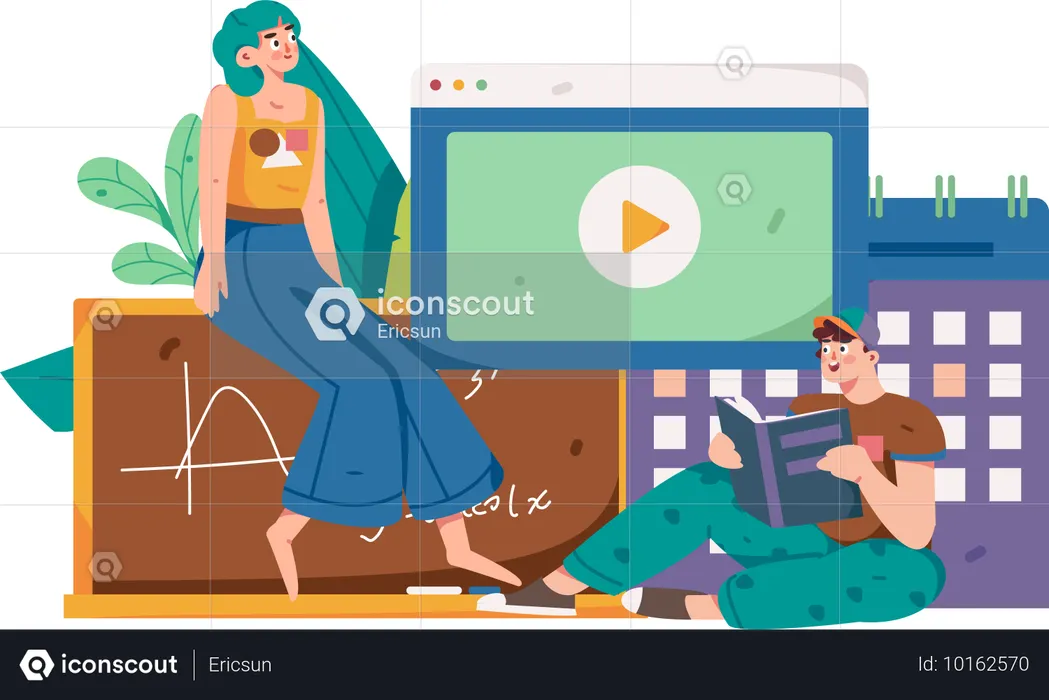 Niña y hombre aprendiendo de la clase en línea  Ilustración