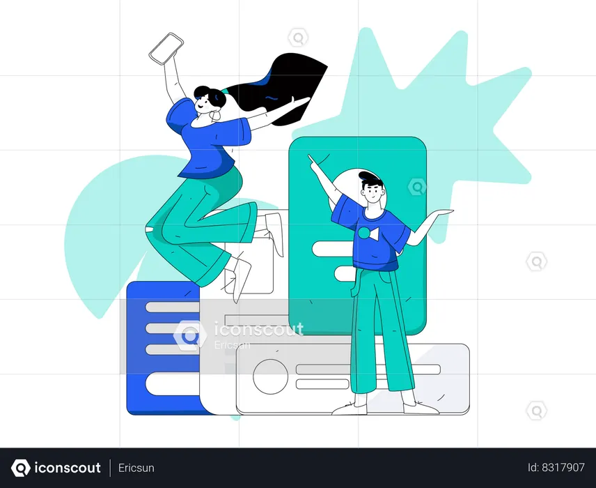 Niña y hombre felices haciendo análisis de datos  Ilustración