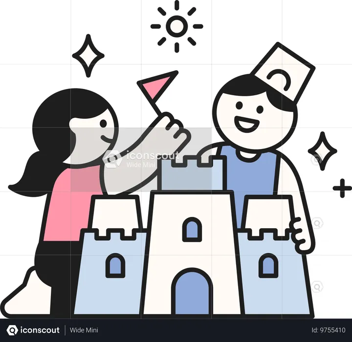 Niña y niño haciendo castillos de arena.  Ilustración