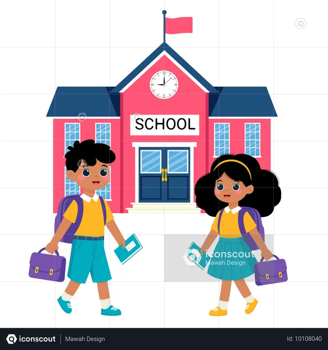 Niña y niño yendo a la escuela  Ilustración