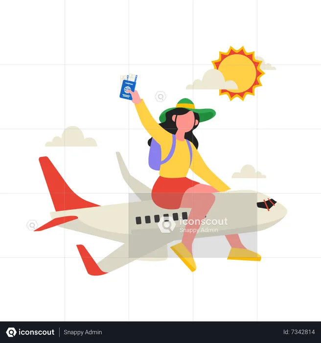 Chica joven que va de viaje en avión  Ilustración