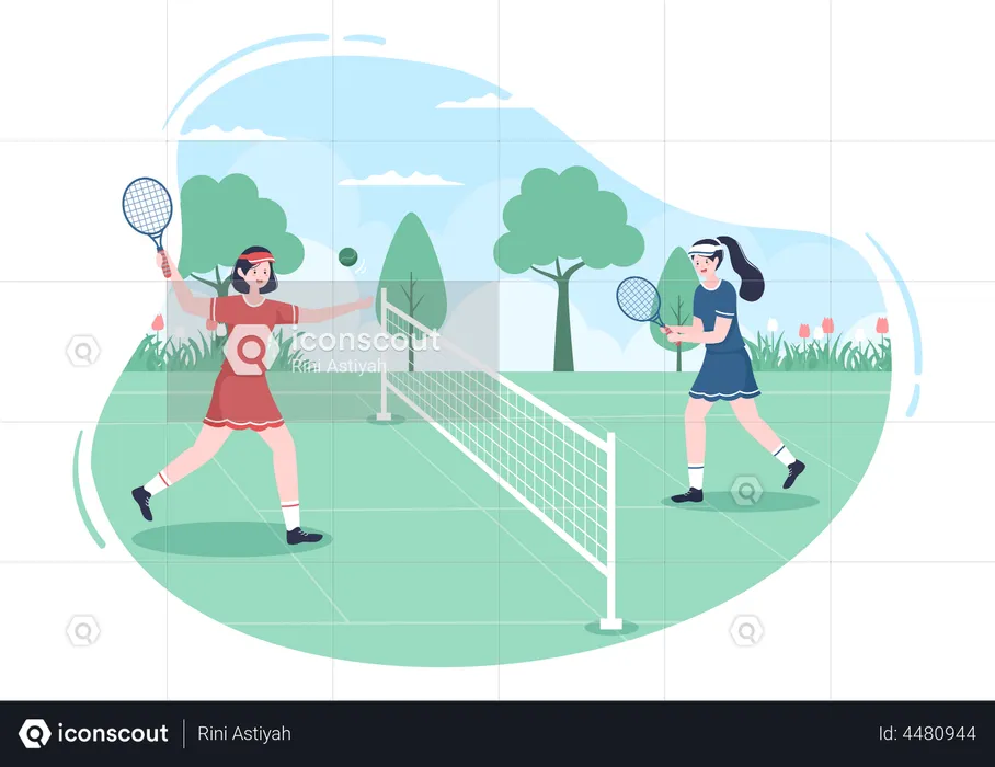 Niñas jugando tenis  Ilustración