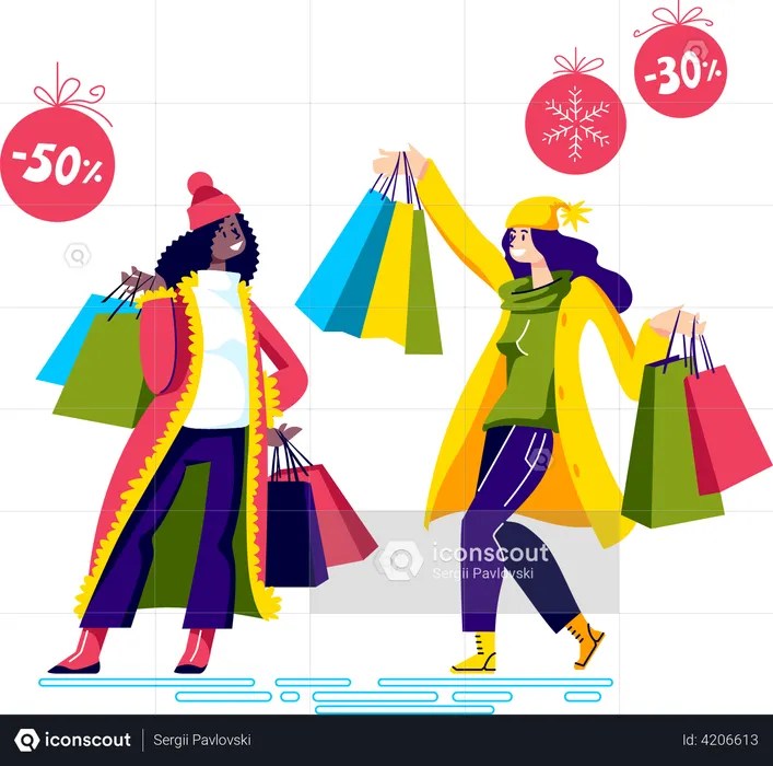 Chicas sosteniendo bolsas de compras después de las compras de venta  Ilustración