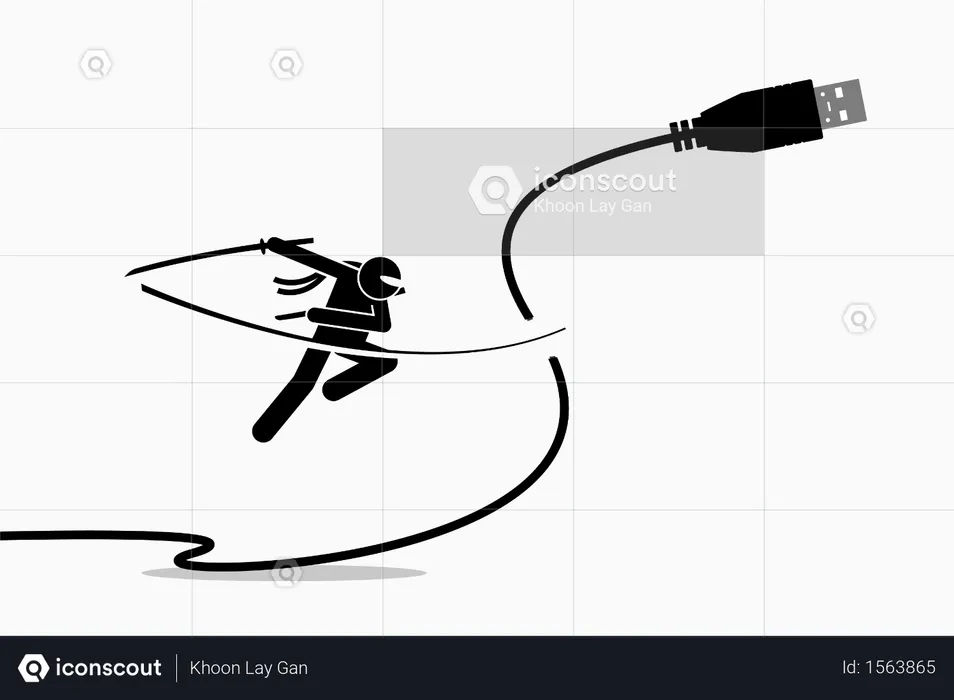 Ninja cuts USB cable plug  Illustration