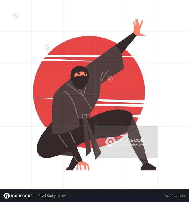 Homem guerreiro ninja sentado pose  Ilustração