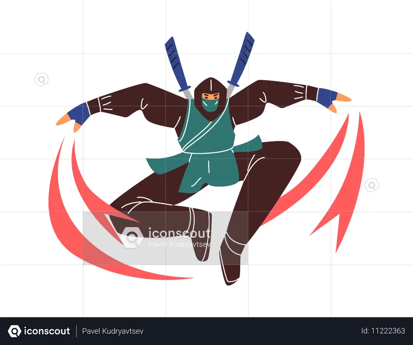 Ninja-Mann-Krieger mit Schwert-Sprungangriff  Illustration