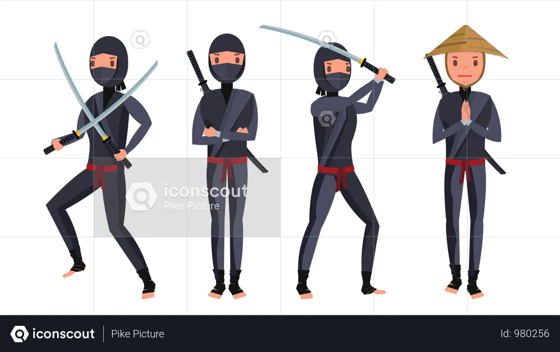 Ninja Warrior In Black Suit Showing Different Actions With Weapons  Illustration