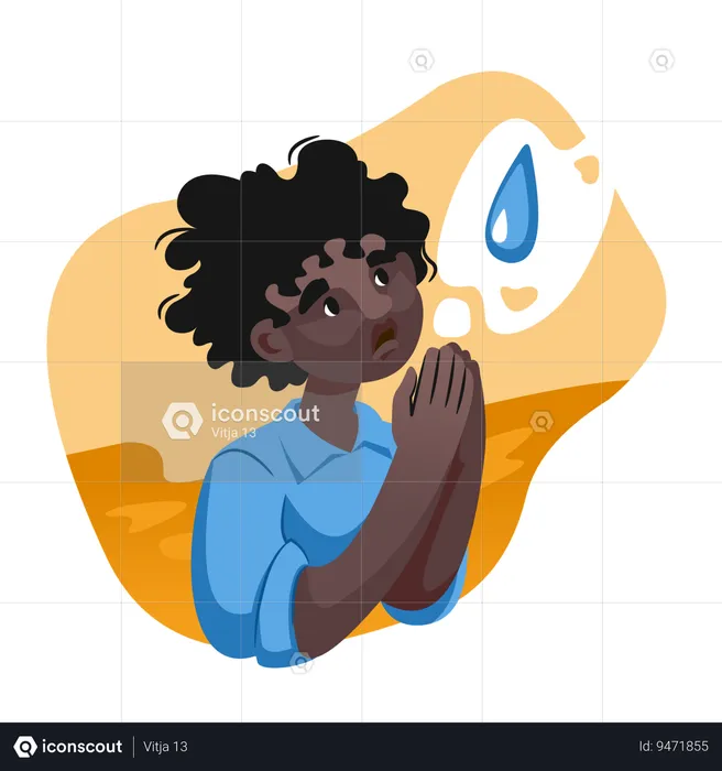 Niño africano pide agua a Dios orando por lluvia en el desierto y necesita ayuda humanitaria  Ilustración