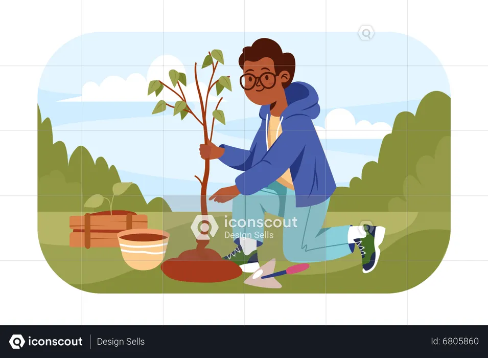 Niño africano plantando un árbol  Ilustración