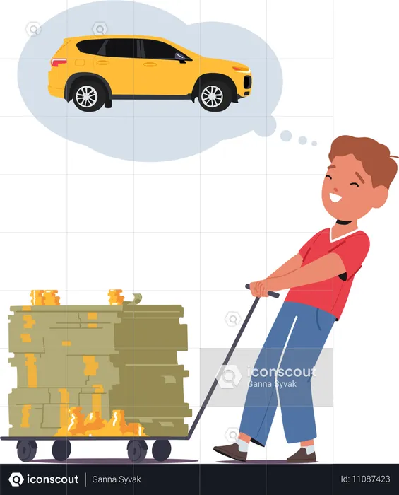 Niño ahorrando dinero para comprar el auto de sus sueños  Ilustración