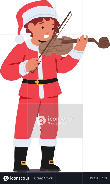 Un niño alegre con un disfraz navideño de Papá Noel toca el violín  Ilustración