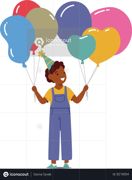 Niño sosteniendo alegremente globos de colores en su fiesta de cumpleaños  Ilustración