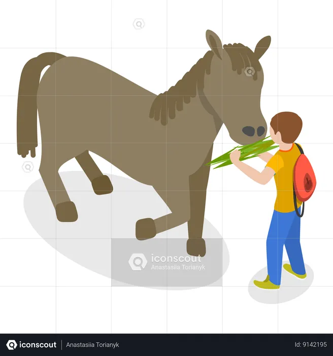 Niño alimentando caballo  Ilustración