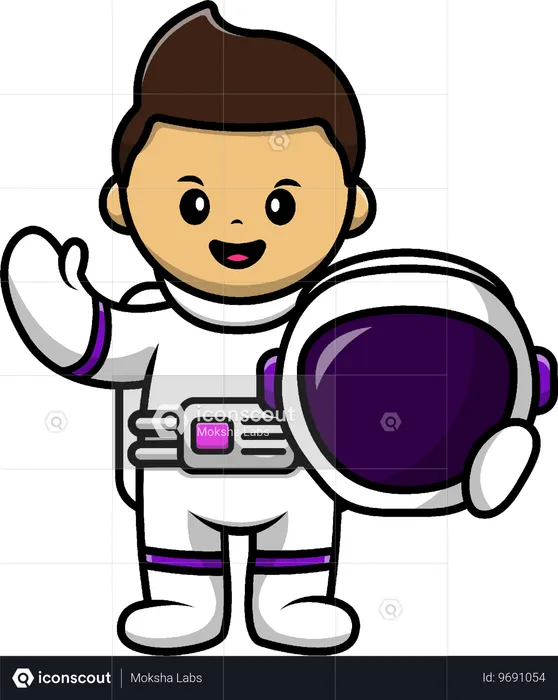 Niño astronauta agitando la mano con casco de sujeción  Ilustración