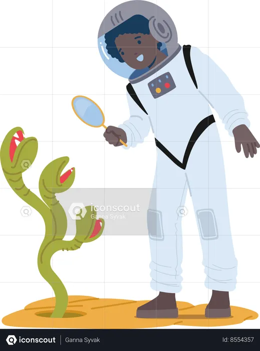 Niño astronauta explora un planeta alienígena con una lupa  Ilustración