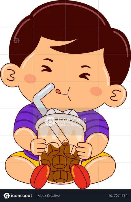 Niño bebiendo café con leche helado de vainilla  Ilustración