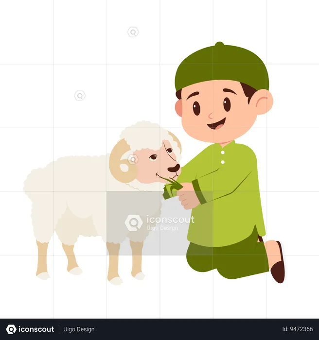 Niño celebra Eid Al Adha con ovejas  Ilustración