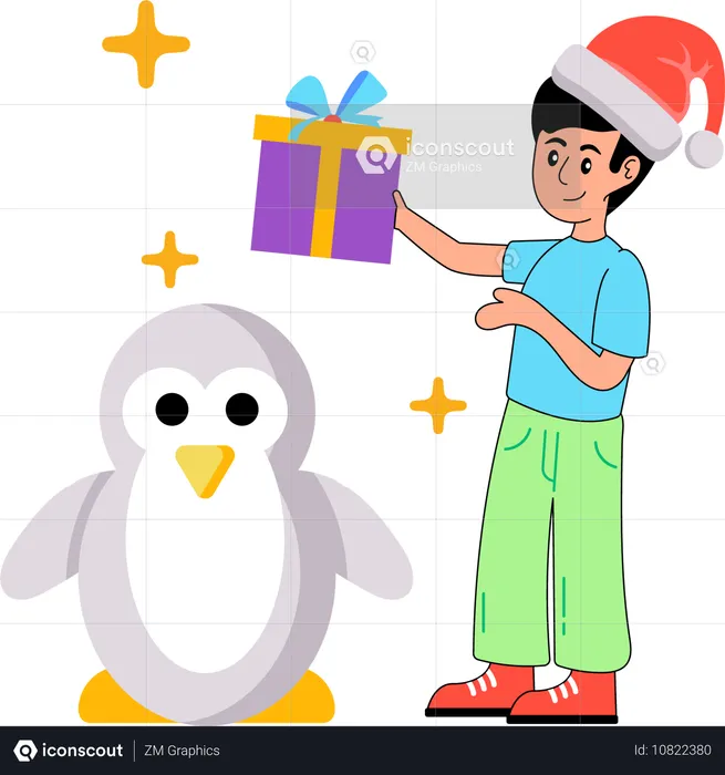 Niño celebrando la Navidad con pingüino  Ilustración