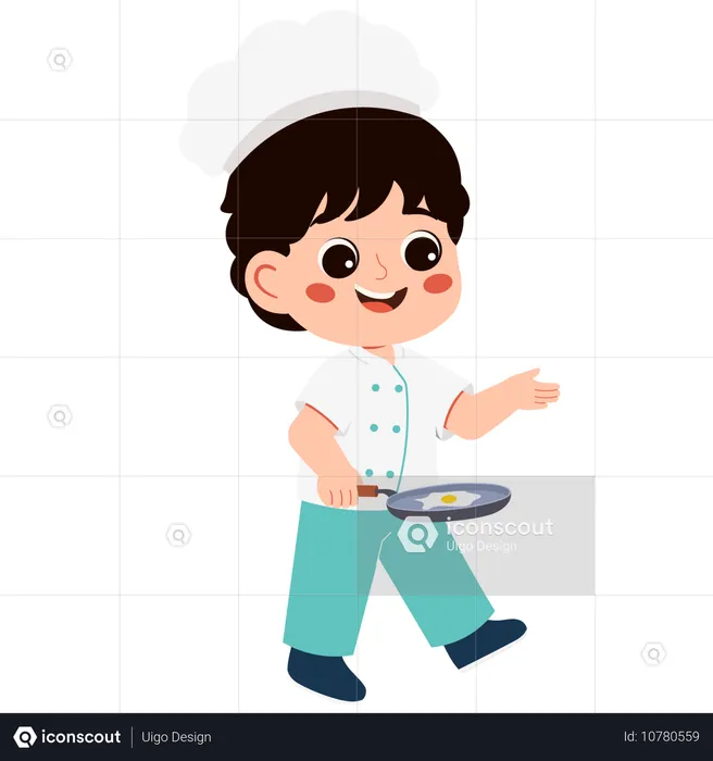 El pequeño niño chef cocina huevos  Ilustración