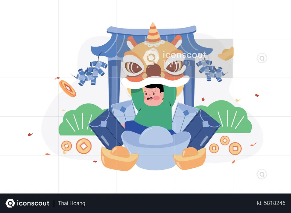 Niño chino con tarjeta angpow  Ilustración