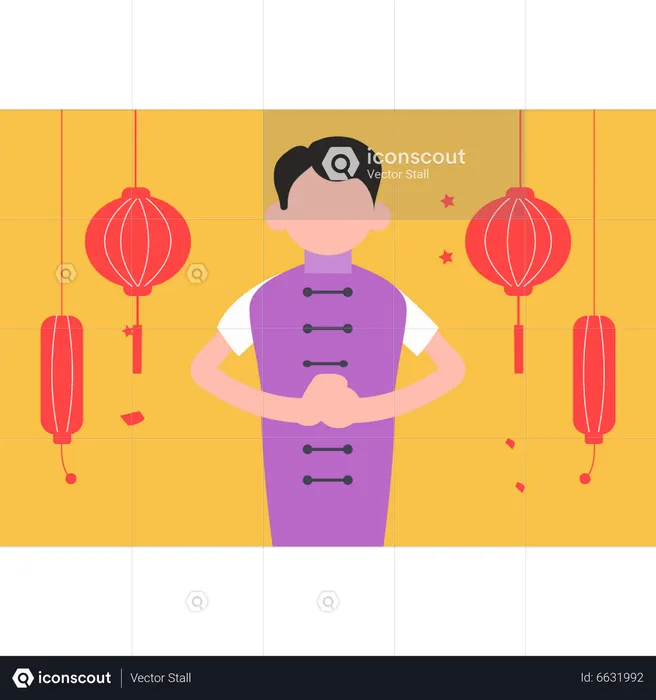Niño chino de pie y saludando  Ilustración