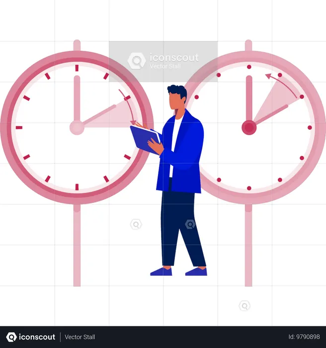 Niño comparando el tiempo de dos relojes.  Ilustración
