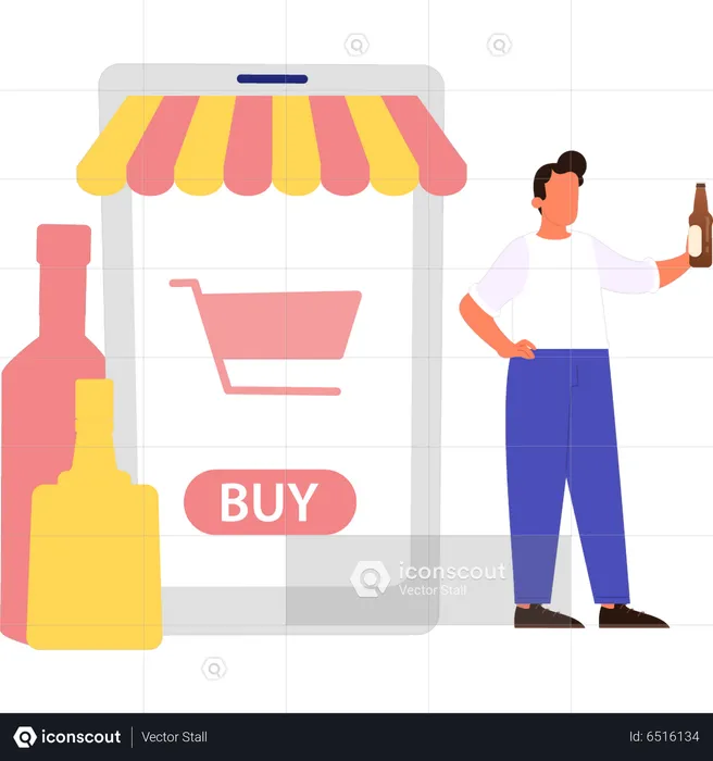 Niño comprando vino en línea  Ilustración