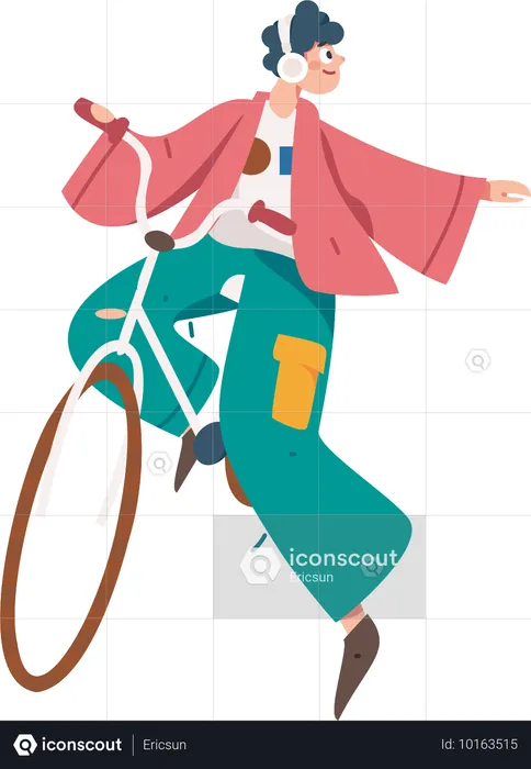 Niño con auriculares y andando en bicicleta  Ilustración