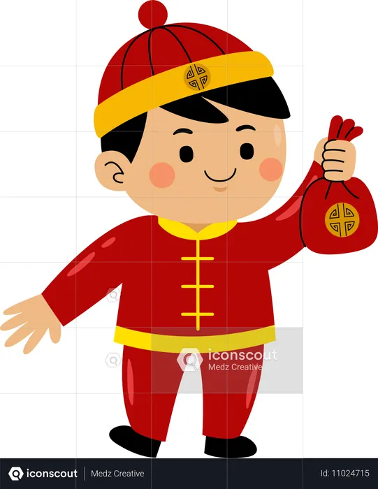 Niño con bolsa de monedas china  Ilustración