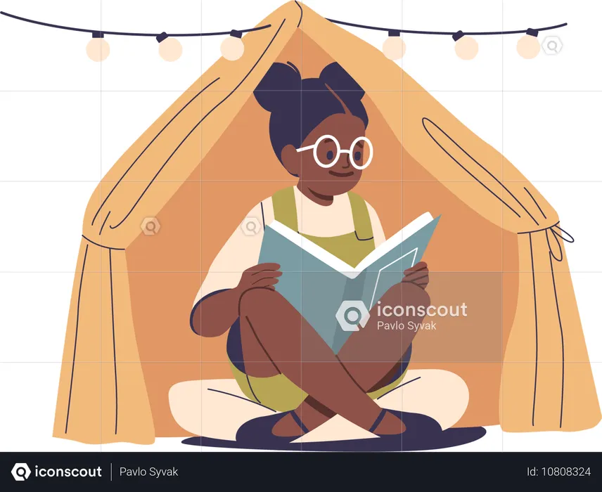 Niño con gafas sentado dentro de una acogedora tienda de campaña leyendo un libro  Ilustración