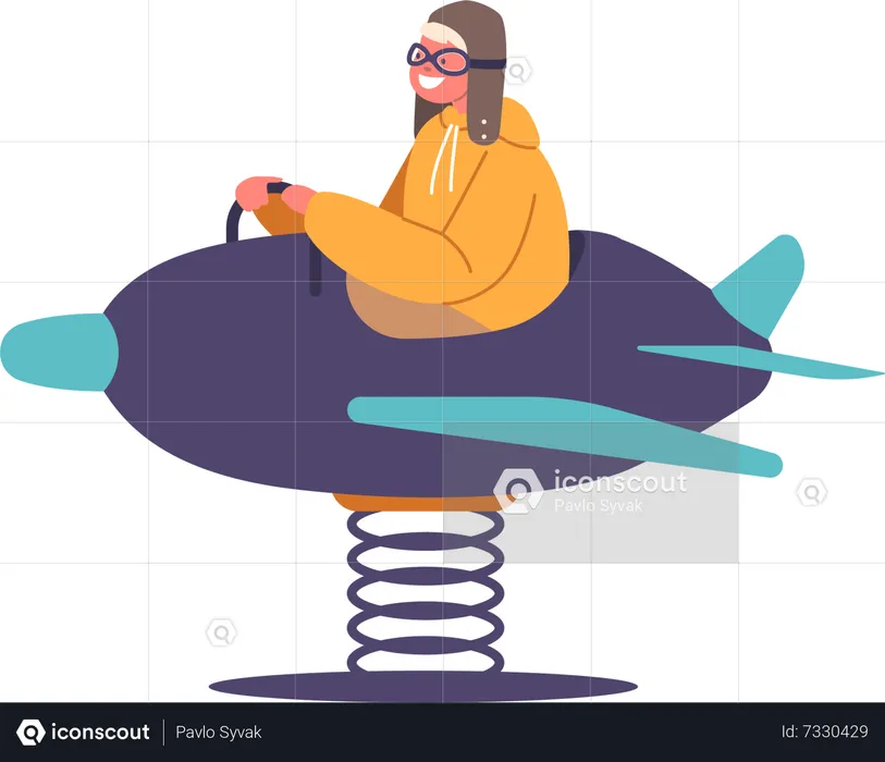 Niño con sombrero de piloto disfrutando de la emoción de balancearse en un avión  Ilustración