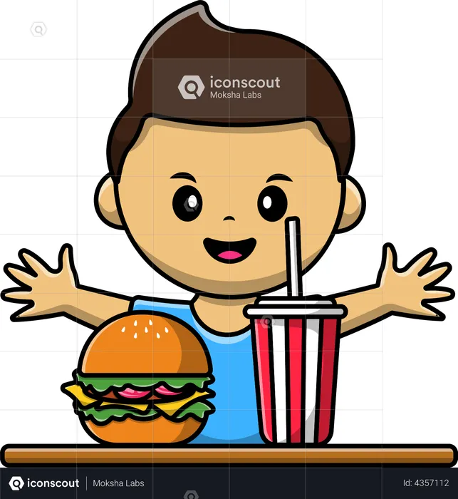 Niño con hamburguesa y refresco  Ilustración