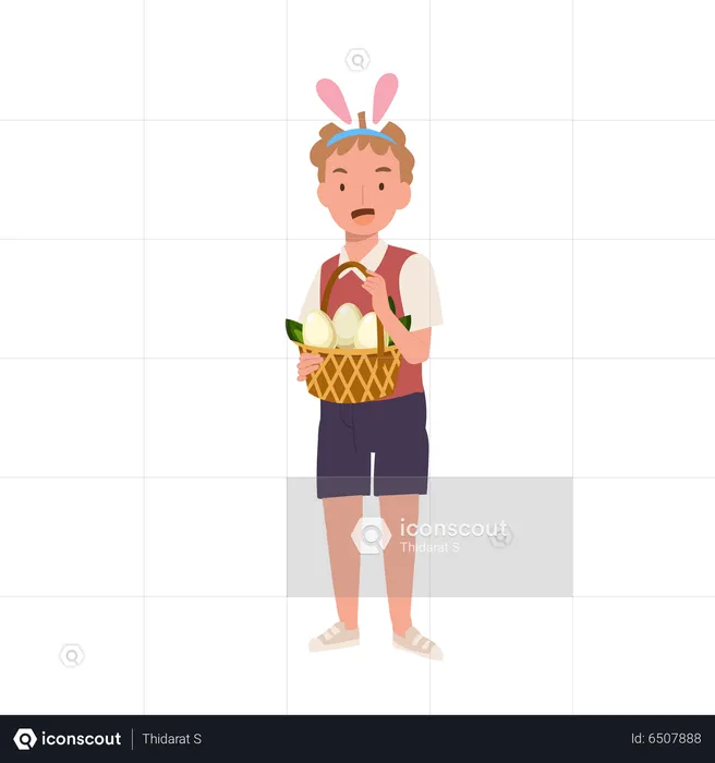 Niño con orejas de conejo mostrando completamente la canasta de cazar un huevo de pascua  Ilustración