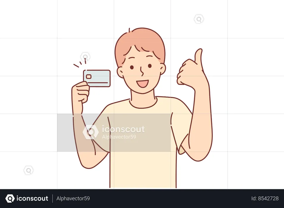 Un niño pequeño con tarjeta de crédito muestra los pulgares hacia arriba  Ilustración