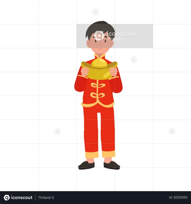 Niño con traje tradicional chino sosteniendo una canasta dulce  Ilustración