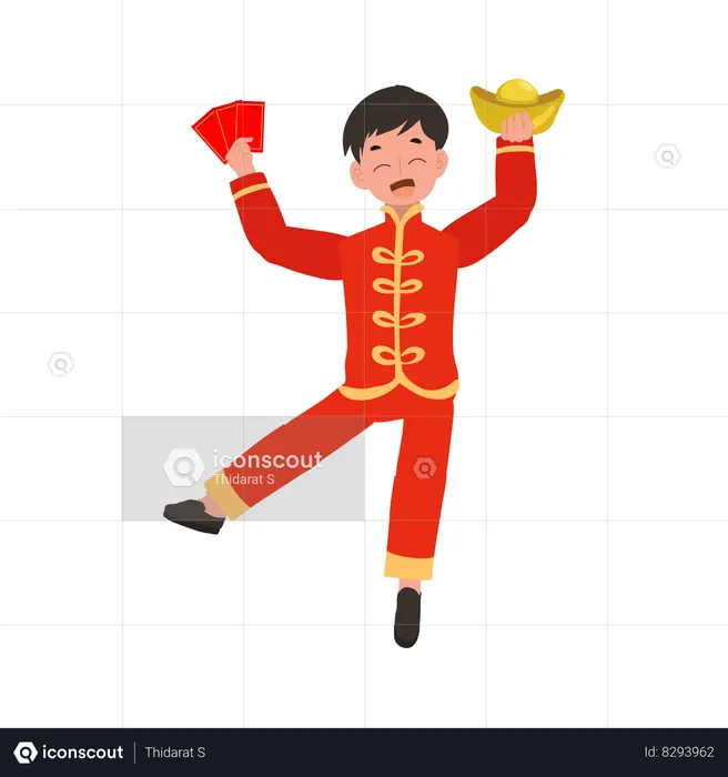 Niño con traje tradicional chino sosteniendo una canasta dulce y un sobre rojo en ambas manos  Ilustración