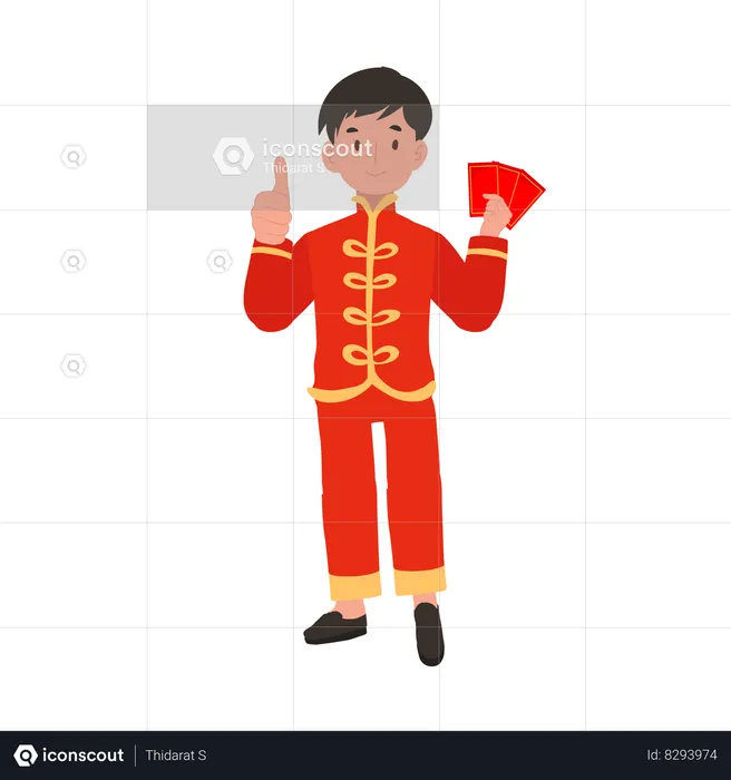 Niño con traje tradicional chino sosteniendo un sobre rojo y señalando con el dedo  Ilustración