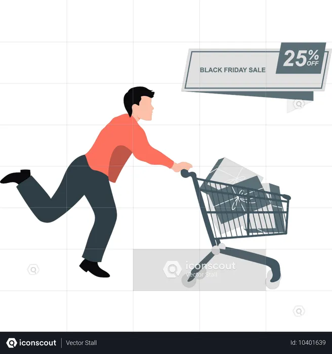 Niño corriendo para conseguir un 25% de descuento en sus compras  Ilustración