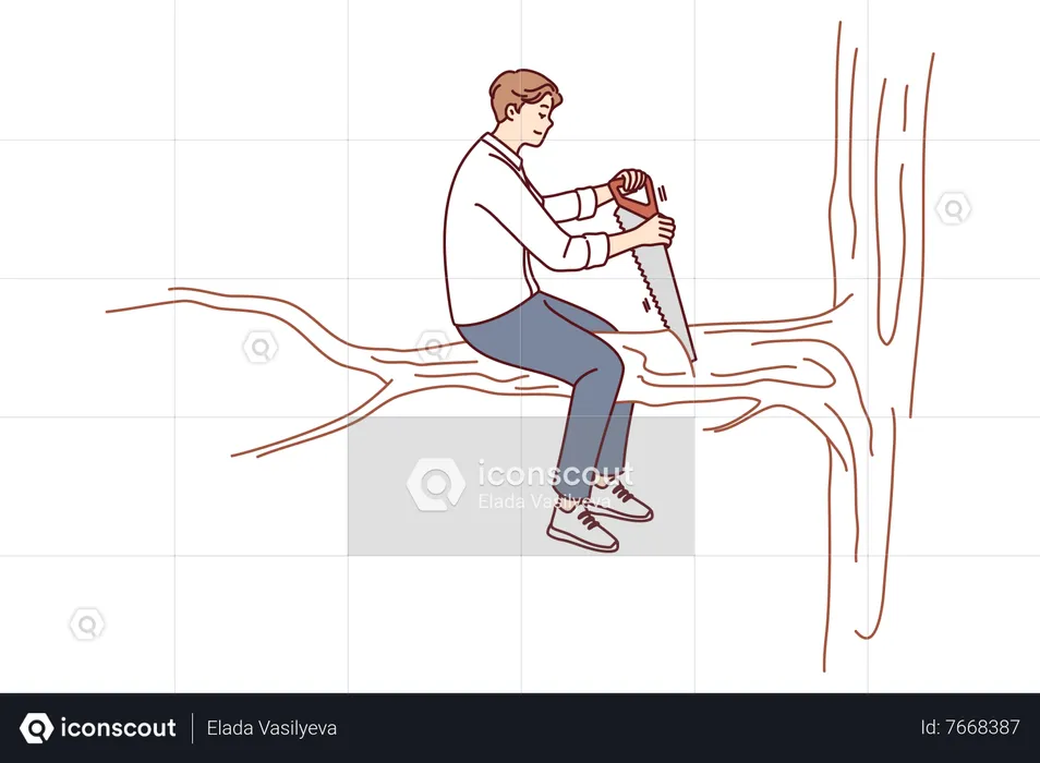 Niño cortando rama de árbol  Ilustración