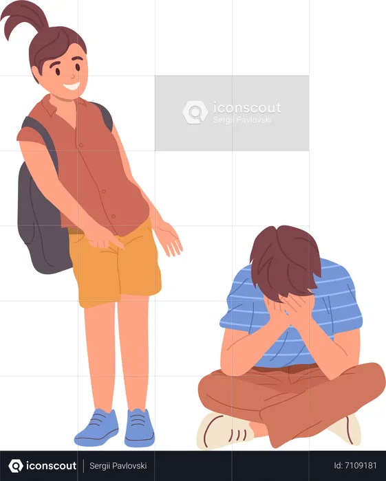 Triste y estresado niño de escuela que se siente intimidado por una amiga o un compañero de clase  Ilustración