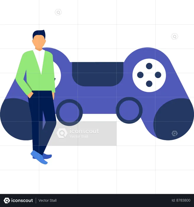 Joven de pie con gamepad  Ilustración