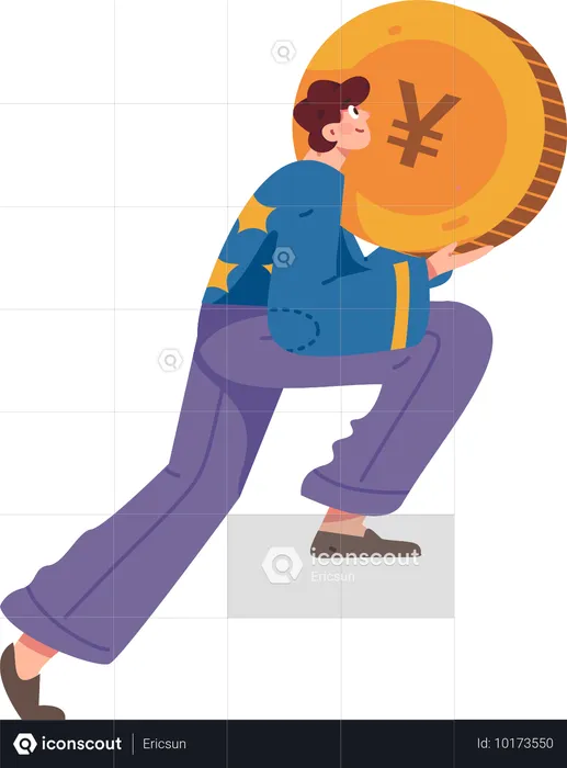 Niño de pie con moneda china  Ilustración