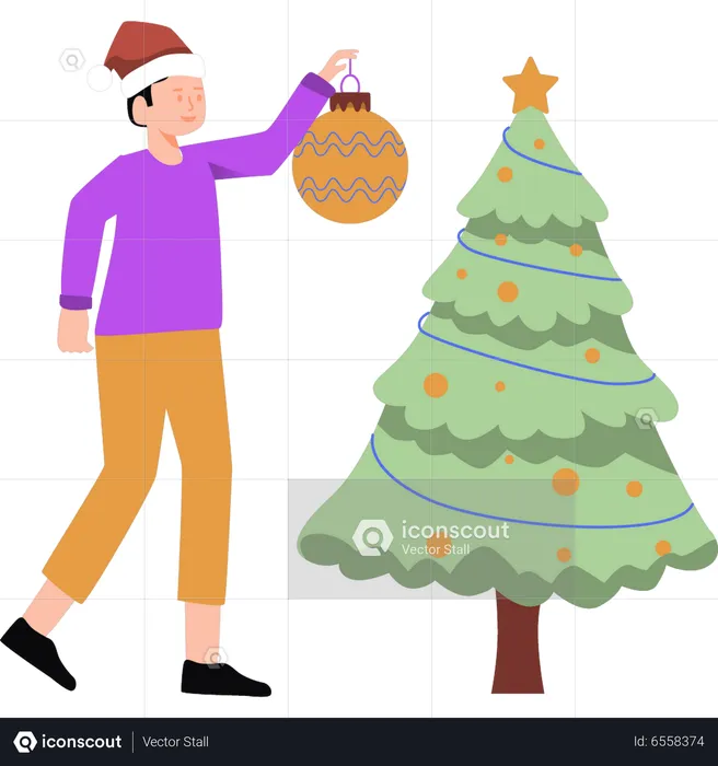 Niño decorando el árbol de navidad  Ilustración