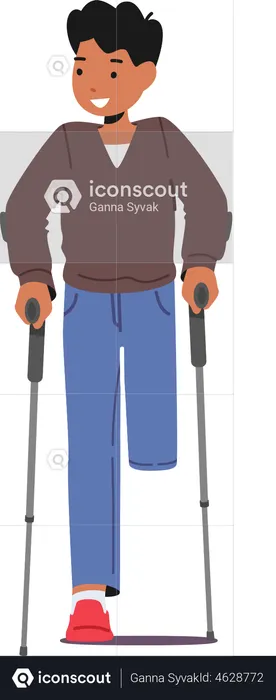 Niño discapacitado sin una pierna con muletas  Ilustración