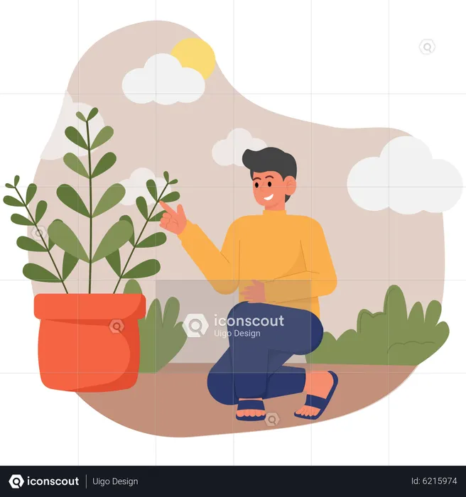 El niño disfruta manteniendo las plantas.  Ilustración