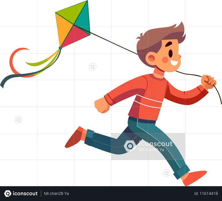 Niño divirtiéndose volando una cometa  Ilustración