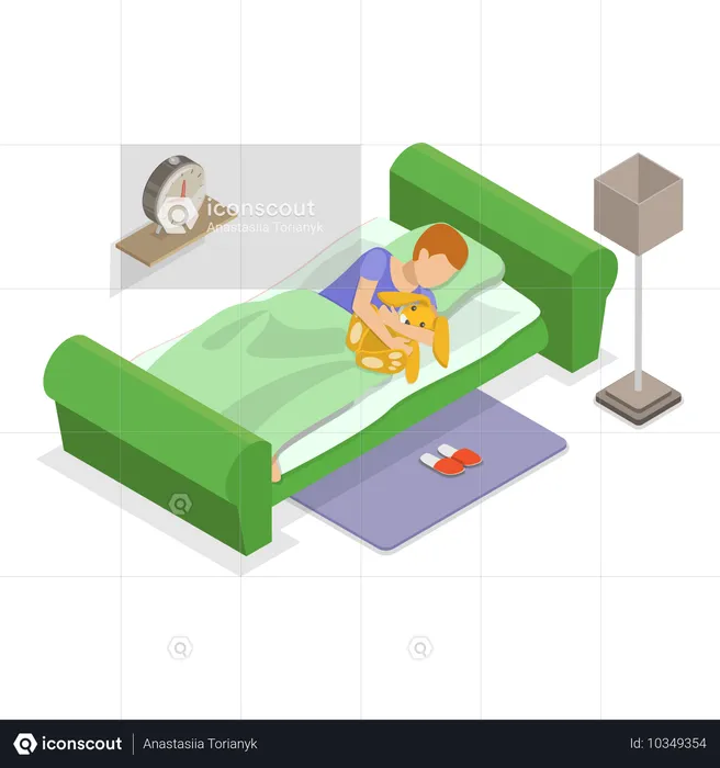 Niño durmiendo con perro de peluche suave  Ilustración