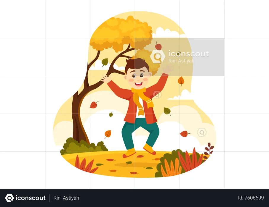 Niño en el parque de otoño  Ilustración