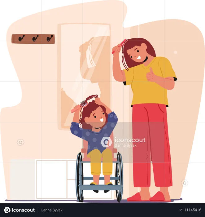 Niño en silla de ruedas cepillándose el cabello con ayuda de sus padres  Ilustración