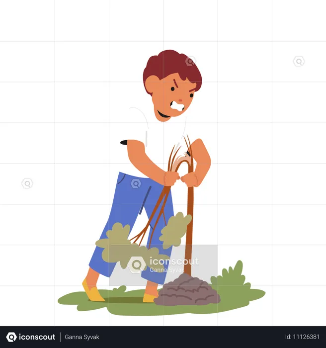 Niño enojado destruyendo una planta  Ilustración